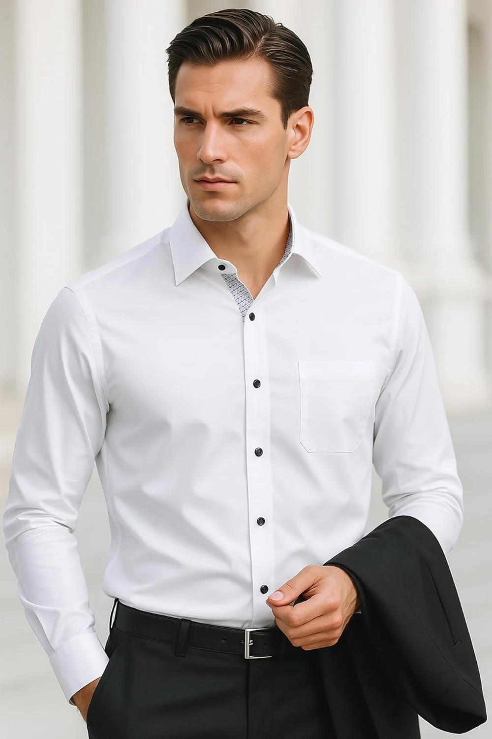 پیراهن مردانه آستین بلند سفید، مدل Slim Fit، پیراهن های مشکی مناسب برای کار و استایل کژوال، پیراهن های کژوال مردانه، مراقبت آسان، اتوکشی آسان، مناسب برای کت و شلوار، پیراهن مناسب برای استفاده روزمره، عروسی، اوقات فراغت، مهمانی به همراه جیب