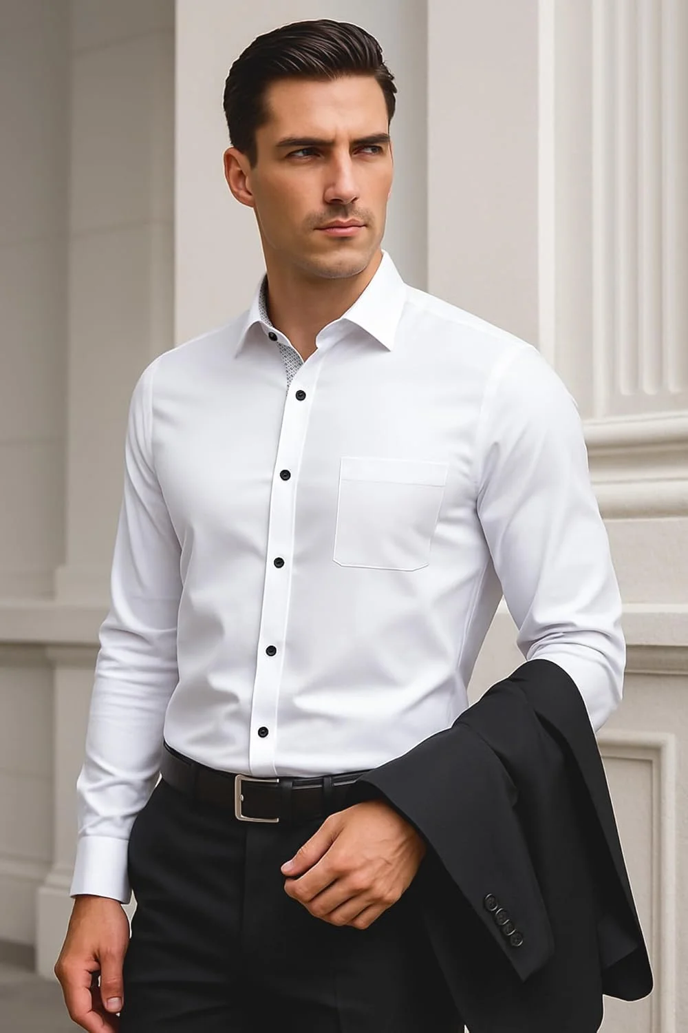 پیراهن مردانه آستین بلند سفید، مدل Slim Fit، پیراهن های مشکی مناسب برای کار و استایل کژوال، پیراهن های کژوال مردانه، مراقبت آسان، اتوکشی آسان، مناسب برای کت و شلوار، پیراهن مناسب برای استفاده روزمره، عروسی، اوقات فراغت، مهمانی به همراه جیب