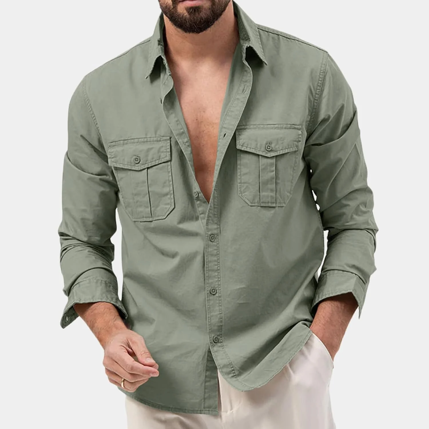 پیراهن آستین بلند مردانه KEOYA، پیراهن های یقه برگردان یکدست با جیب، تی شرت های دکمه دار غیر رسمی