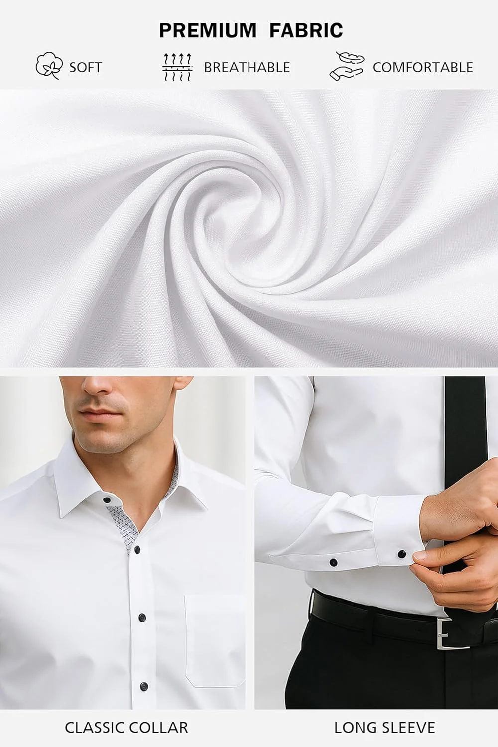 پیراهن مردانه آستین بلند سفید، مدل Slim Fit، پیراهن های مشکی مناسب برای کار و استایل کژوال، پیراهن های کژوال مردانه، مراقبت آسان، اتوکشی آسان، مناسب برای کت و شلوار، پیراهن مناسب برای استفاده روزمره، عروسی، اوقات فراغت، مهمانی به همراه جیب
