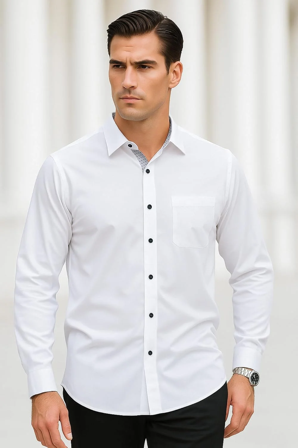 پیراهن مردانه آستین بلند سفید، مدل Slim Fit، پیراهن های مشکی مناسب برای کار و استایل کژوال، پیراهن های کژوال مردانه، مراقبت آسان، اتوکشی آسان، مناسب برای کت و شلوار، پیراهن مناسب برای استفاده روزمره، عروسی، اوقات فراغت، مهمانی به همراه جیب