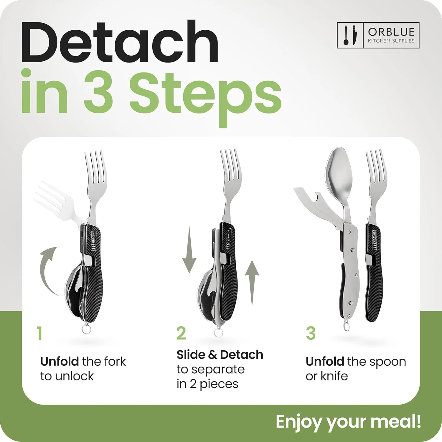 ست دوتایی کارد و چنگال سفری 4 در 1 ORBLUE - قاشق، چنگال، چاقو و درب بازکن کنسرو/بطری استیل ضد زنگ تاشو - مناسب کوله گردی به همراه کیف