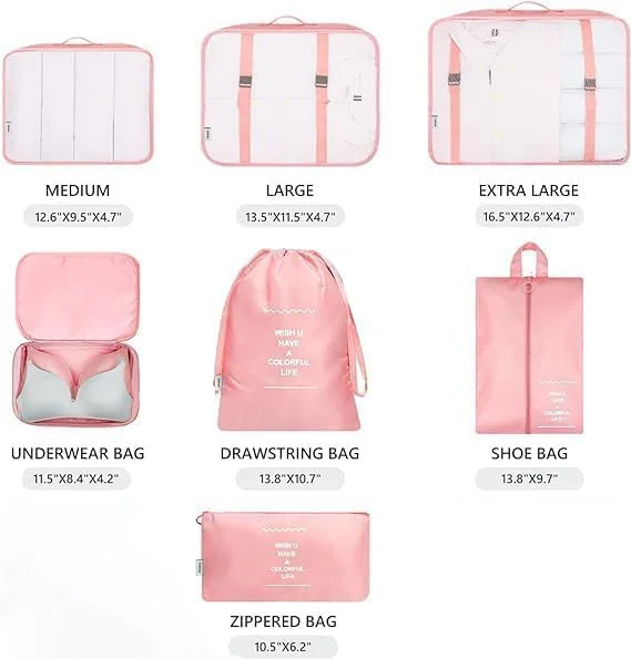 مجموعه ۷ عددی کیف نظم دهنده چمدان، سبک وزن، سازمان دهنده وسایل سفر با کیف های توری، کیف بند دار، کیف کفش، کیف سوتین و جیب تخت، لوازم ضروری سفر، مکعب های چمدان، لوازم جانبی مسافرتی - صورتی