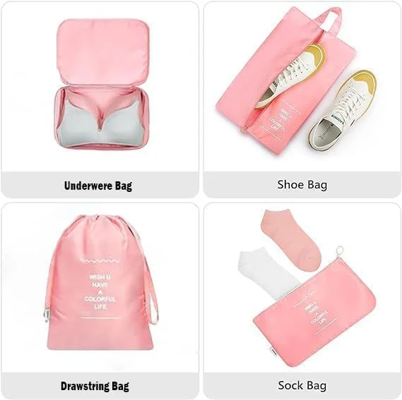 مجموعه ۷ عددی کیف نظم دهنده چمدان، سبک وزن، سازمان دهنده وسایل سفر با کیف های توری، کیف بند دار، کیف کفش، کیف سوتین و جیب تخت، لوازم ضروری سفر، مکعب های چمدان، لوازم جانبی مسافرتی - صورتی