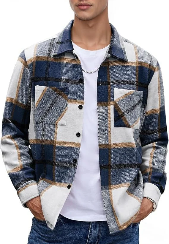 Runcati Men's Flannel Shirts Button Down Regular Fit Plaid Shirt Casual Long Sleeve Fleece Jacket with Pockets