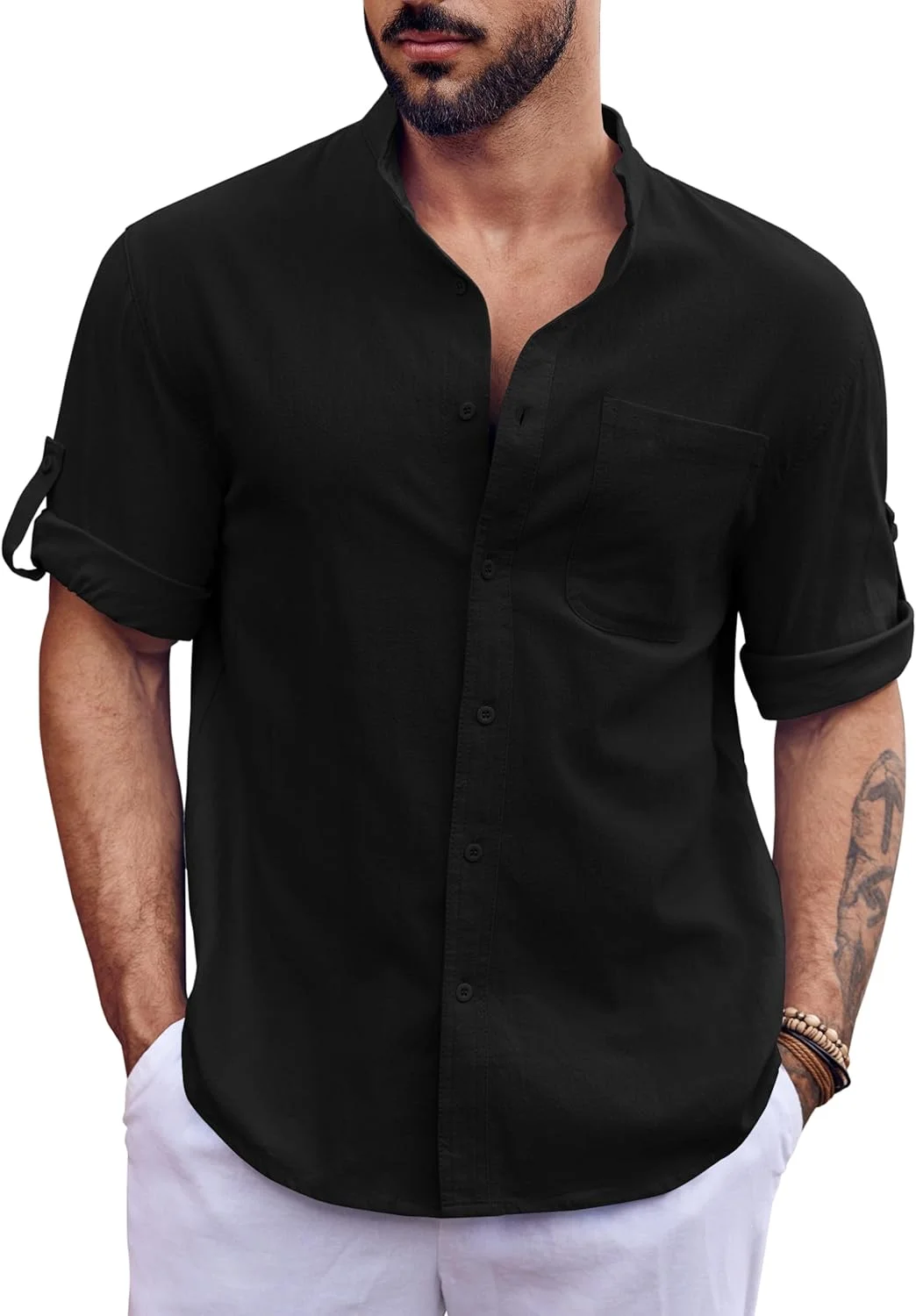 Runcati Mens Casual Button Down Shirt 3/4 Sleeve Cotton Summer Beach Hippie Yoga Plain Tops with Pocket