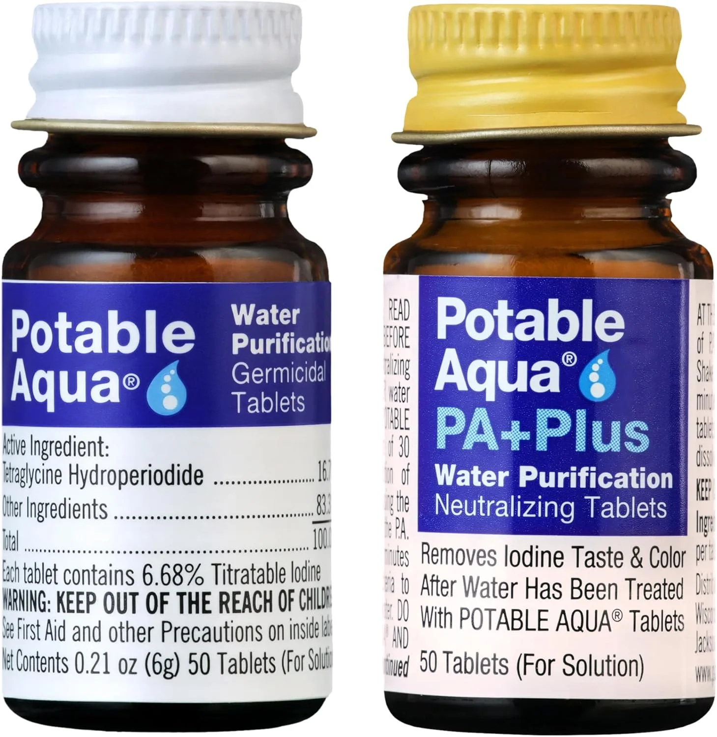 قرص های تصفیه آب Potable Aqua با PA Plus، راه حل قابل حمل و موثر برای کمپینگ، پیاده روی، شرایط اضطراری، بلایای طبیعی و سفرهای بین المللی، دو بطری 50 عددی