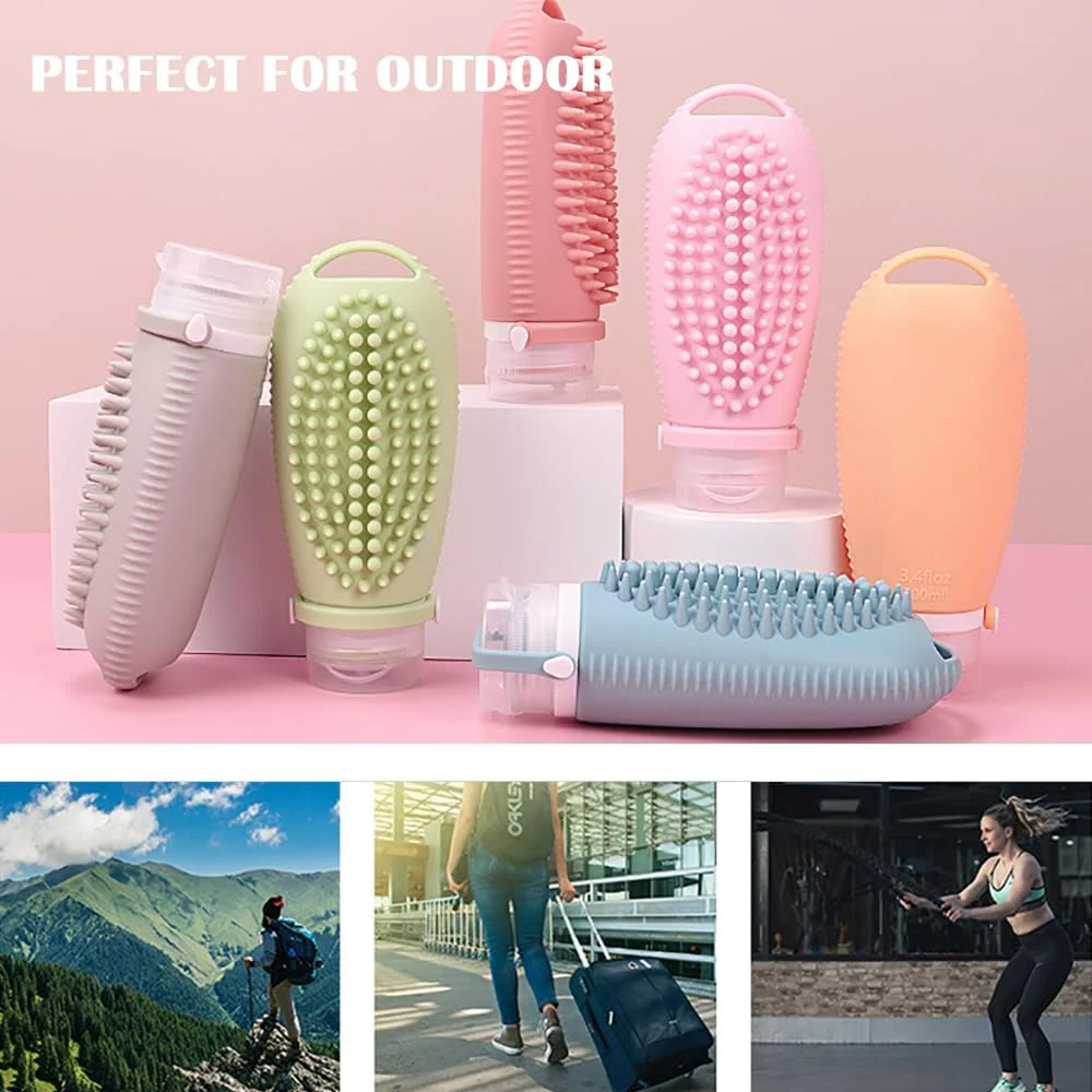 بطری های مسافرتی قابل حمل، 4 عدد بطری فشاری سیلیکونی 100 میلی لیتری قابل شارژ با برس ماساژ برای شامپو، لوسیون و صابون، ظروف ضد نشت لوازم آرایشی برای مسافرت، باشگاه و کمپینگ، BT29 (چند رنگ)