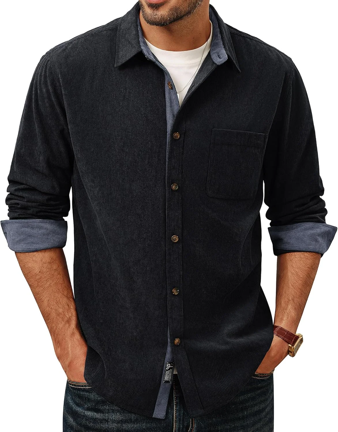 پیراهن مردانه دکمه دار مخمل کبریتی آستین بلند غیر رسمی PJ PAUL JONES با یقه و جیب