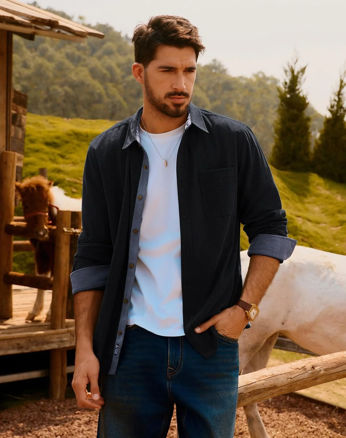 پیراهن مردانه دکمه دار مخمل کبریتی آستین بلند غیر رسمی PJ PAUL JONES با یقه و جیب