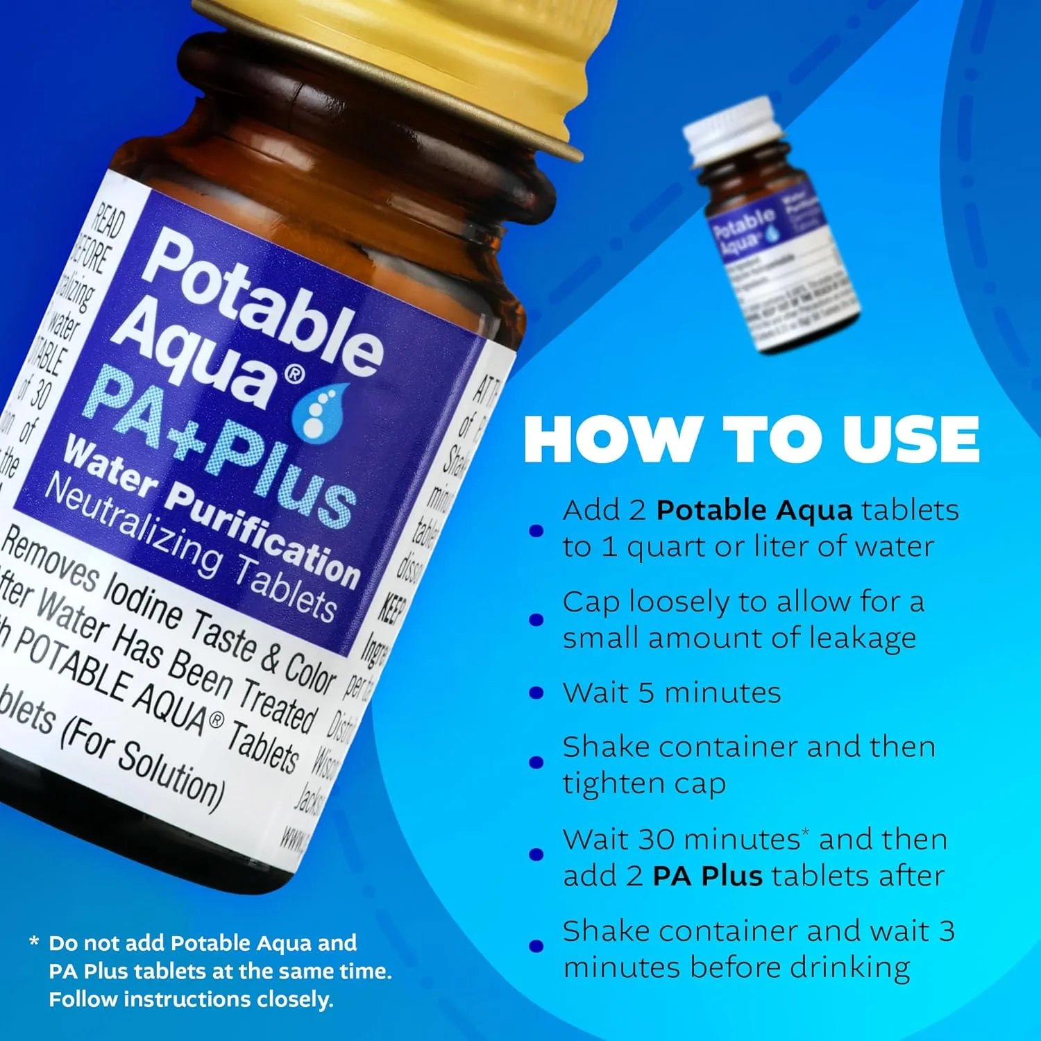 قرص های تصفیه آب Potable Aqua با PA Plus، راه حل قابل حمل و موثر برای کمپینگ، پیاده روی، شرایط اضطراری، بلایای طبیعی و سفرهای بین المللی، دو بطری 50 عددی قرص های تصفیه آب Potable Aqua با PA Plus، راه حل قابل حمل و موثر برای کمپینگ، پیاده روی، شرایط اضطراری، بلایای طبیعی و سفرهای بین المللی، دو بطری 50 عددی