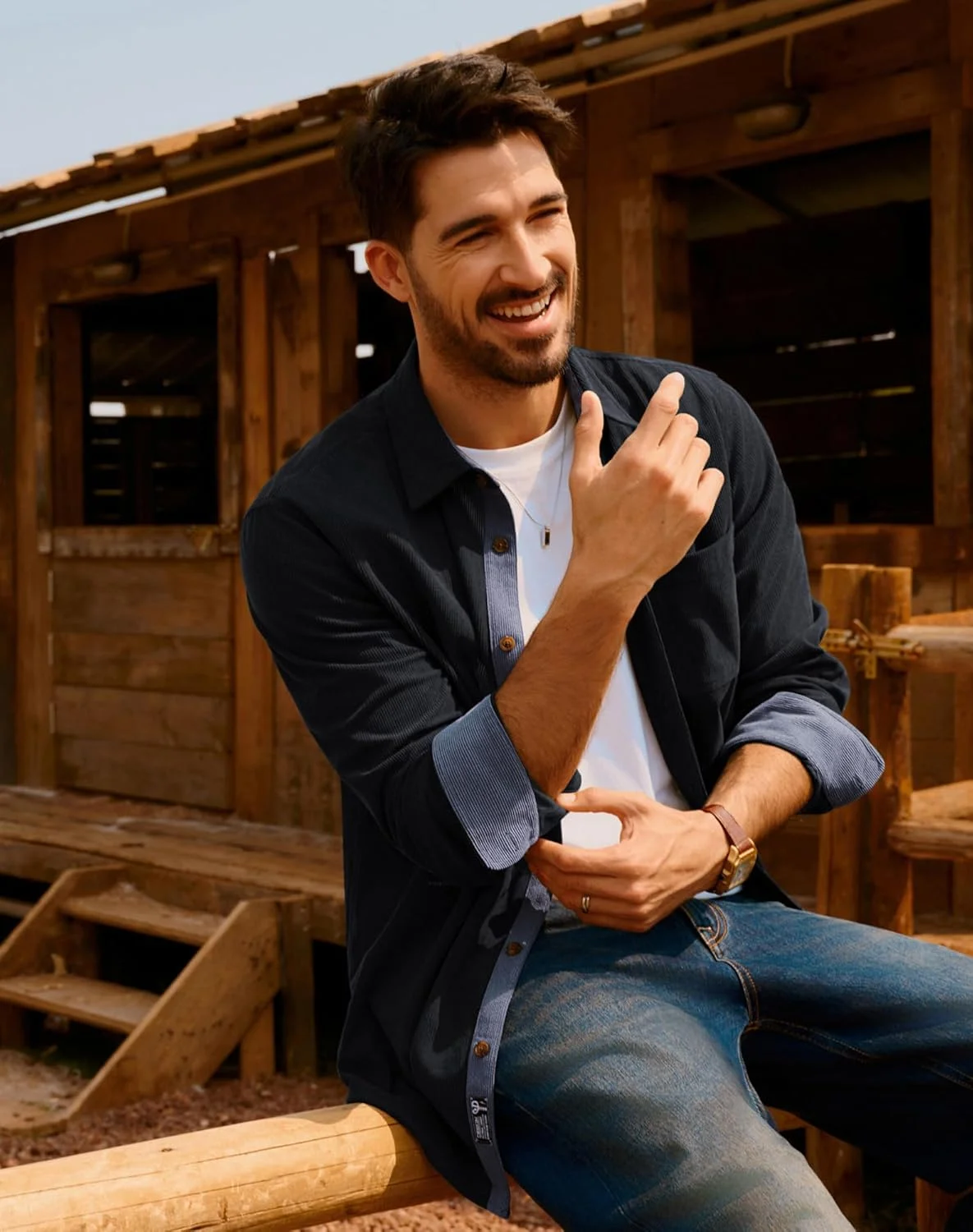 پیراهن مردانه دکمه دار مخمل کبریتی آستین بلند غیر رسمی PJ PAUL JONES با یقه و جیب