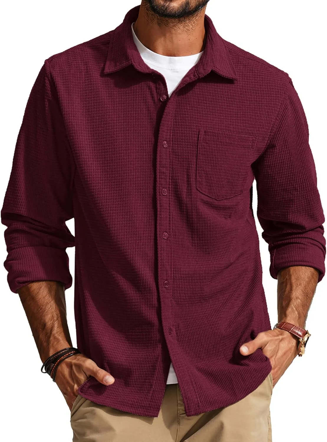 پی جی پل جونز پیراهن مردانه دکمه دار با بافت، پیراهن آستین بلند وافل بدون چروک