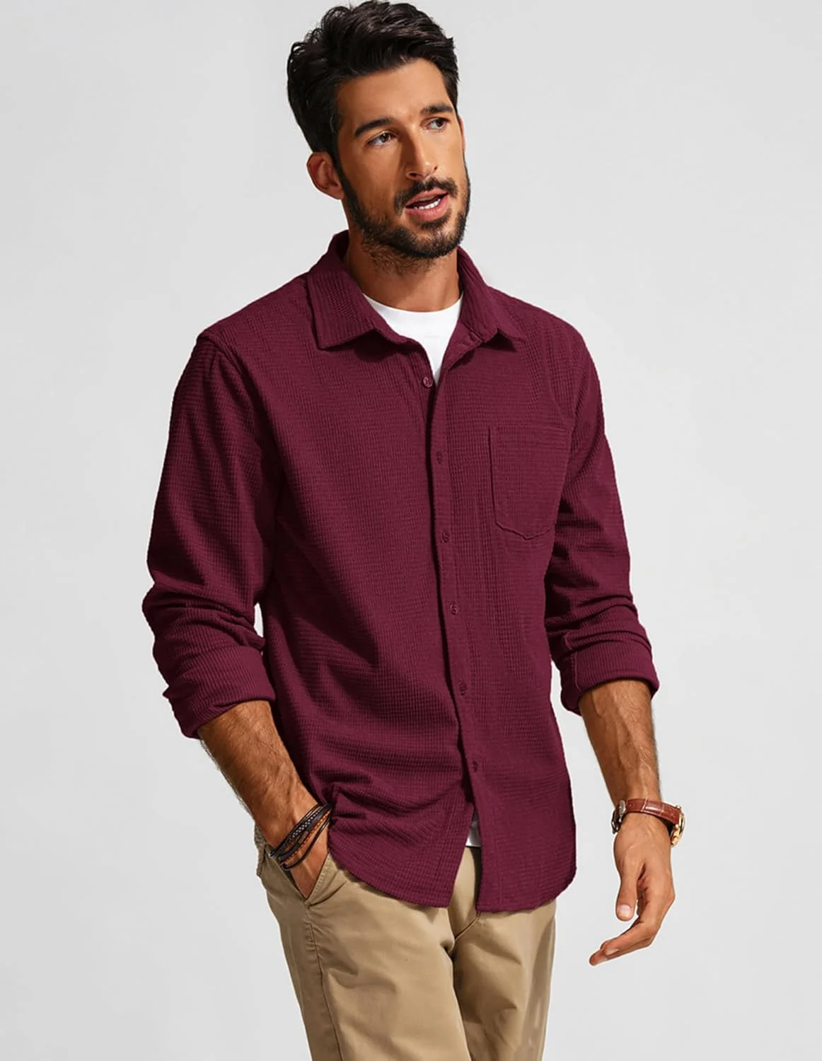 پی جی پل جونز پیراهن مردانه دکمه دار با بافت، پیراهن آستین بلند وافل بدون چروک