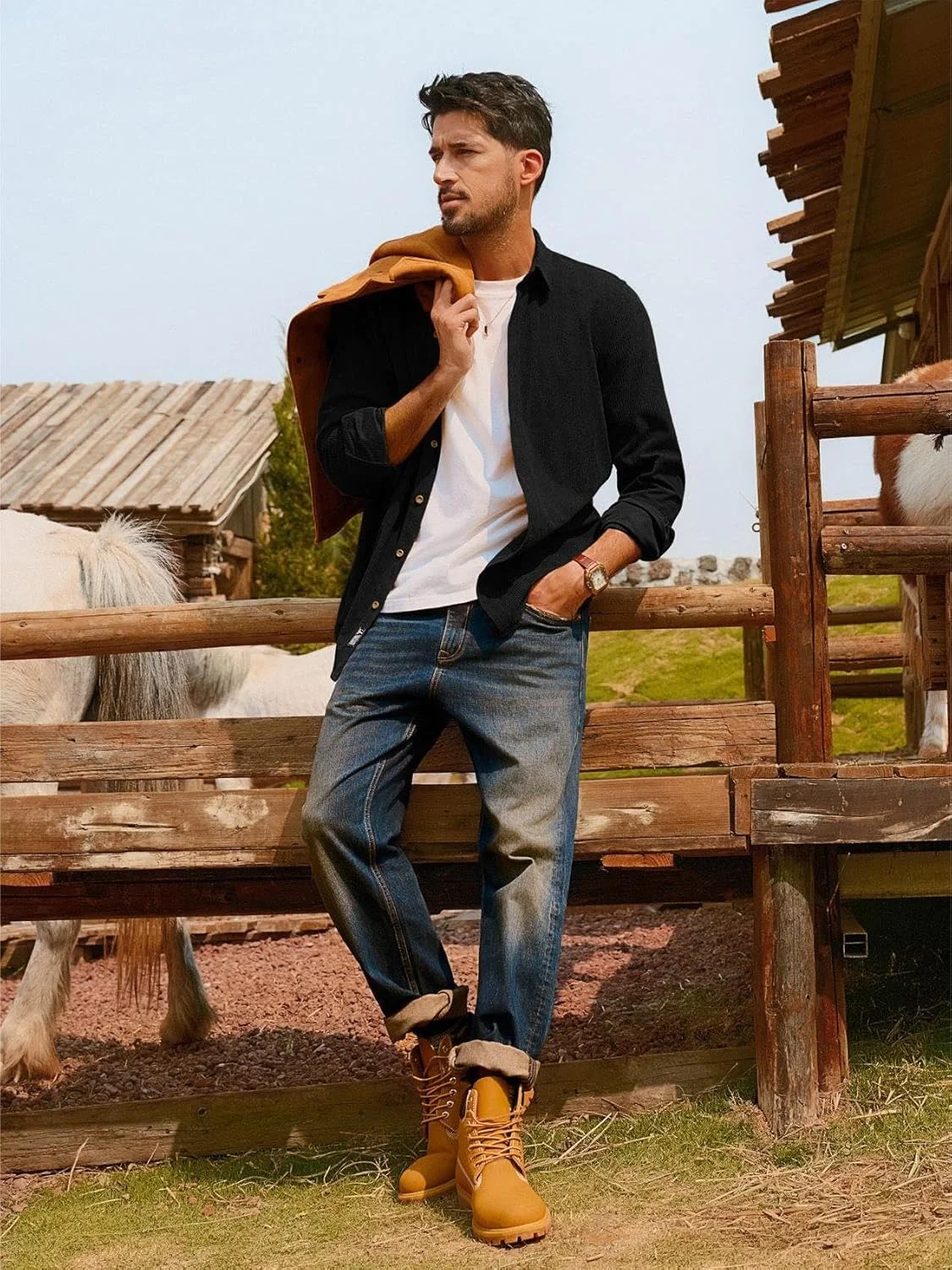 پیراهن آستین بلند مردانه PJ PAUL JONES، جنس کبریتی، مدل معمولی با یوک پشتی، مناسب استفاده روزمره