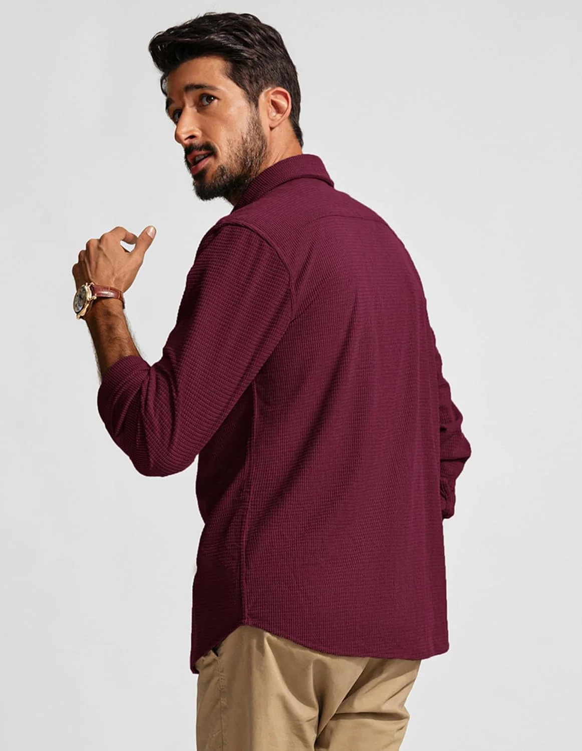 پی جی پل جونز پیراهن مردانه دکمه دار با بافت، پیراهن آستین بلند وافل بدون چروک