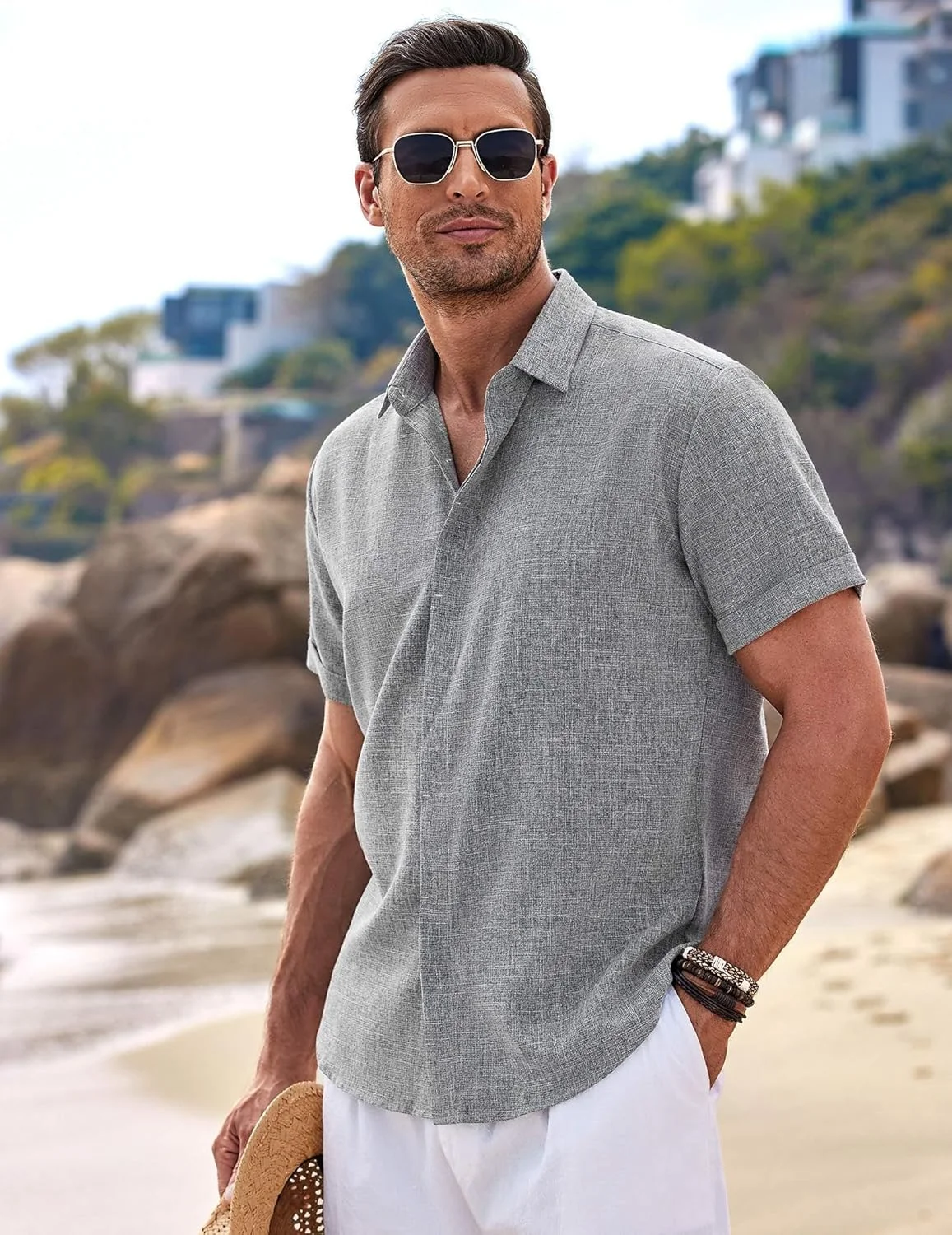 ست 2 عددی پیراهن مردانه لینن آستین کوتاه، پیراهن های دکمه دار کژوال مناسب ساحل، تابستان و عروسی (2XL)