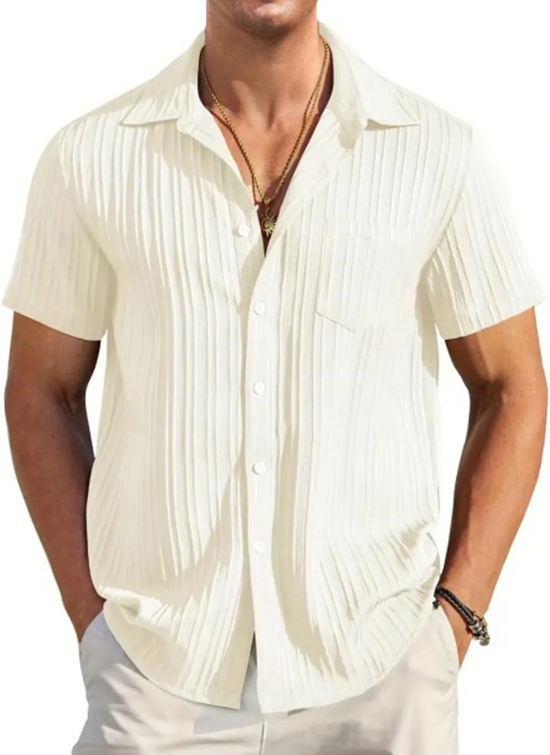 پیراهن مردانه آستین کوتاه دکمه دار Oheyeseker، طرح دار، مناسب ساحل و تابستان، سفید، سایز S