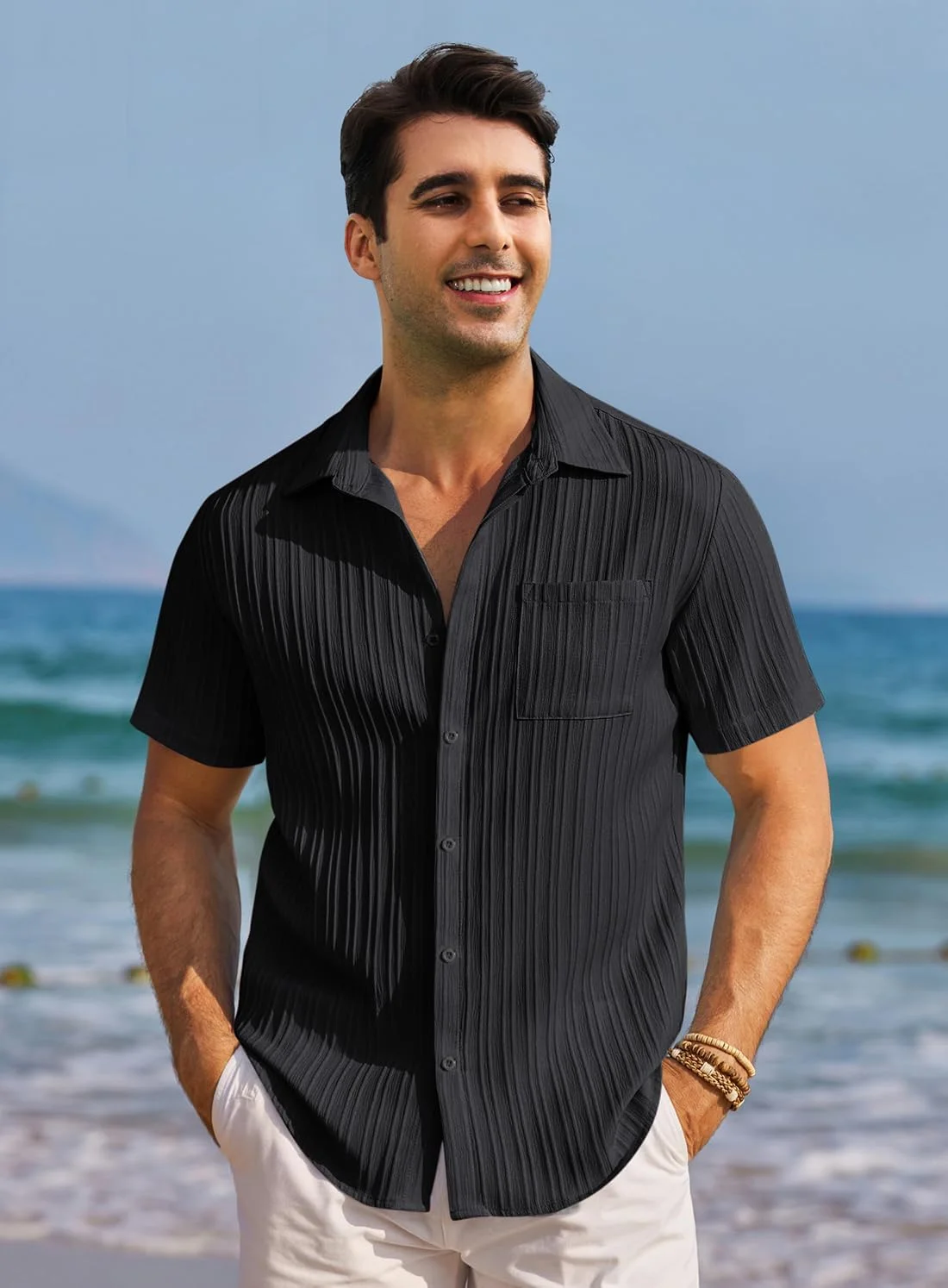 پیراهن آستین کوتاه مردانه Oheyeseker، دکمه دار، طرح ساحلی، مناسب تابستان، بافت دار، مشکی، سایز S