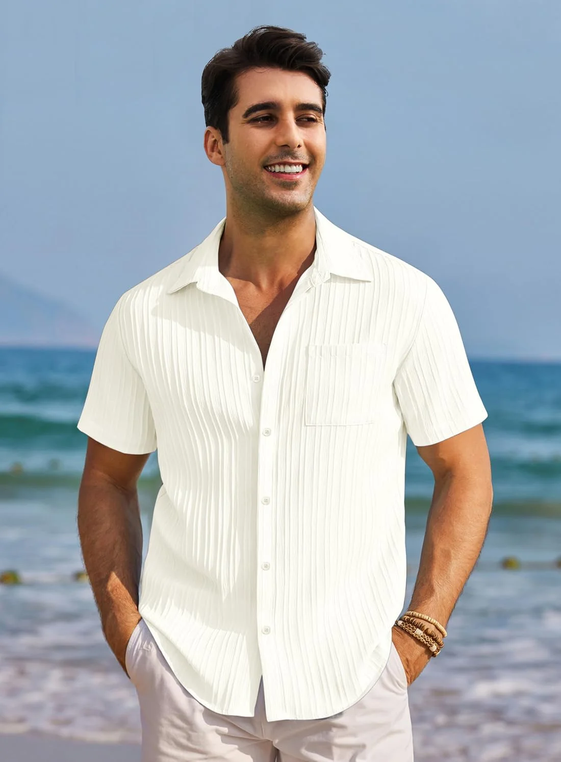 پیراهن آستین کوتاه مردانه Oheyeseker، دکمه دار، طرح تابستانی و ساحلی، بافت دار، سفید، سایز L پیراهن آستین کوتاه مردانه Oheyeseker، دکمه دار، طرح تابستانی و ساحلی، بافت دار، سفید، سایز L