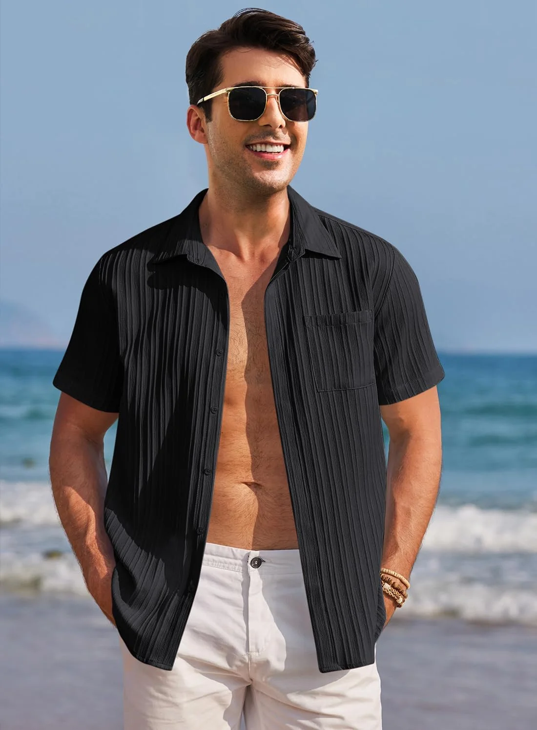 پیراهن مردانه آستین کوتاه دکمه دار Oheyeseker، طرح دار، مناسب ساحل و تابستان، مشکی، سایز M