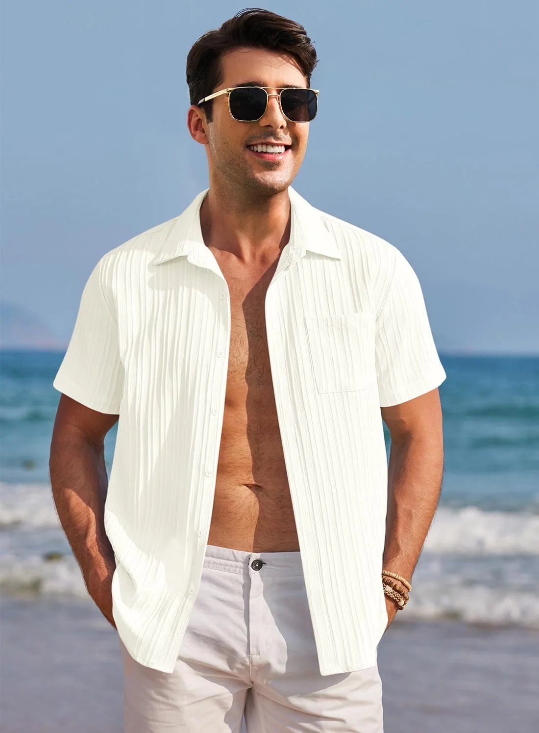 پیراهن مردانه آستین کوتاه دکمه دار Oheyeseker، طرح دار، مناسب ساحل و تابستان، سفید، سایز M