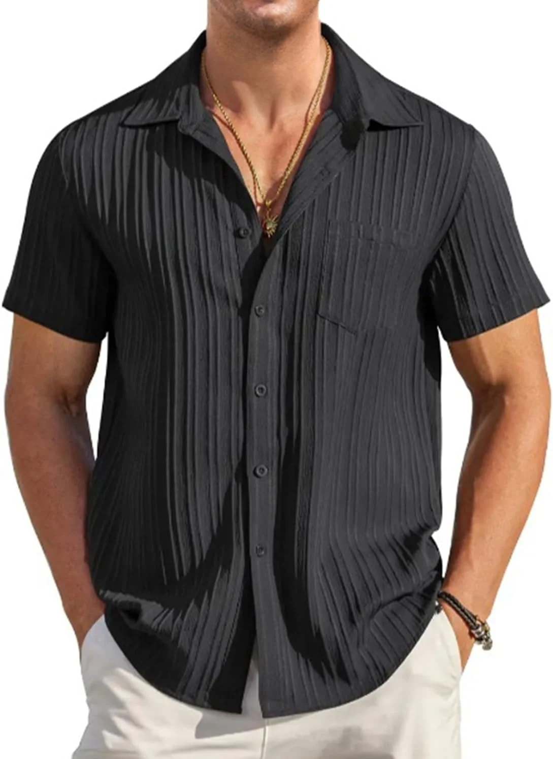 پیراهن مردانه آستین کوتاه دکمه دار Oheyeseker، طرح تابستانی ساحلی، مشکی، سایز 3XL