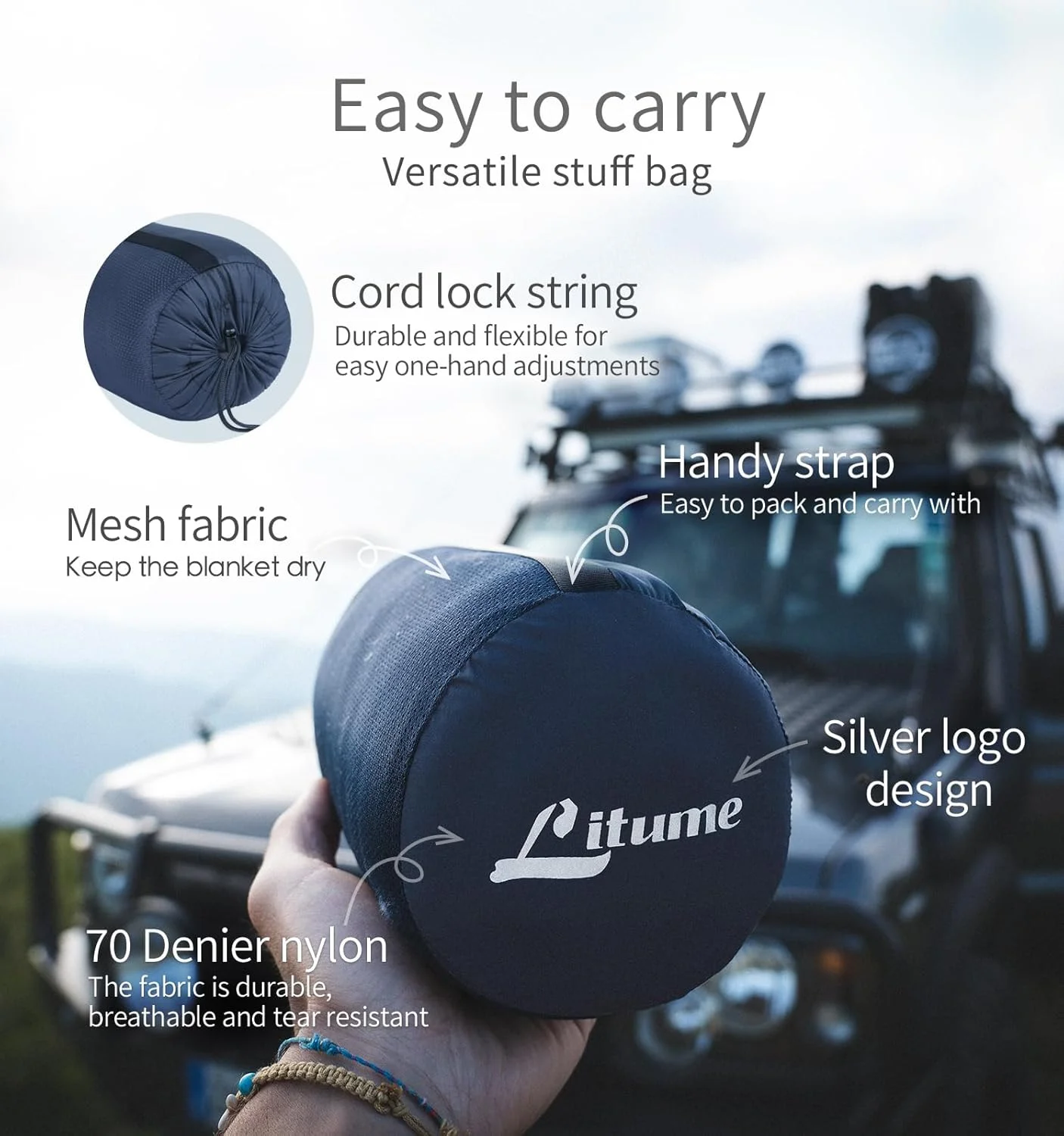 پتوی مسافرتی Litume، سبک و تنفس پذیر، 170 x 122 سانتی متر، پتوی نرم هواپیما برای مسافران، ملحفه تاشو کمپینگ با کیسه بسته بندی برای قطار، کمپینگ، مسافرت
