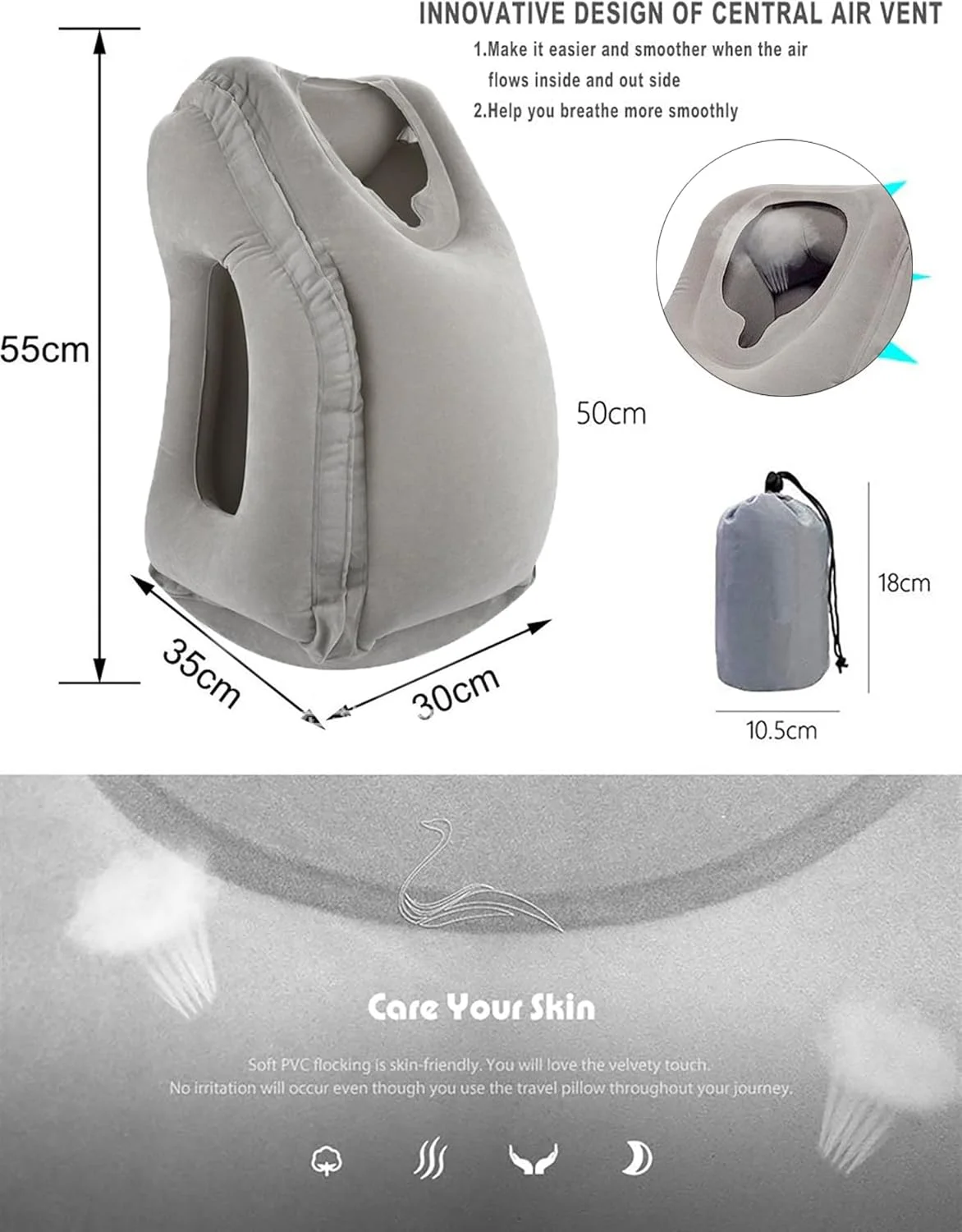 بالش مسافرتی بادی هواپیمایی Nyganmelloz، کوسن بادی چند منظوره و راحت، پشتیبانی از سر و کمر، مناسب برای هواپیما، ماشین، اتوبوس و دفتر (خاکستری)