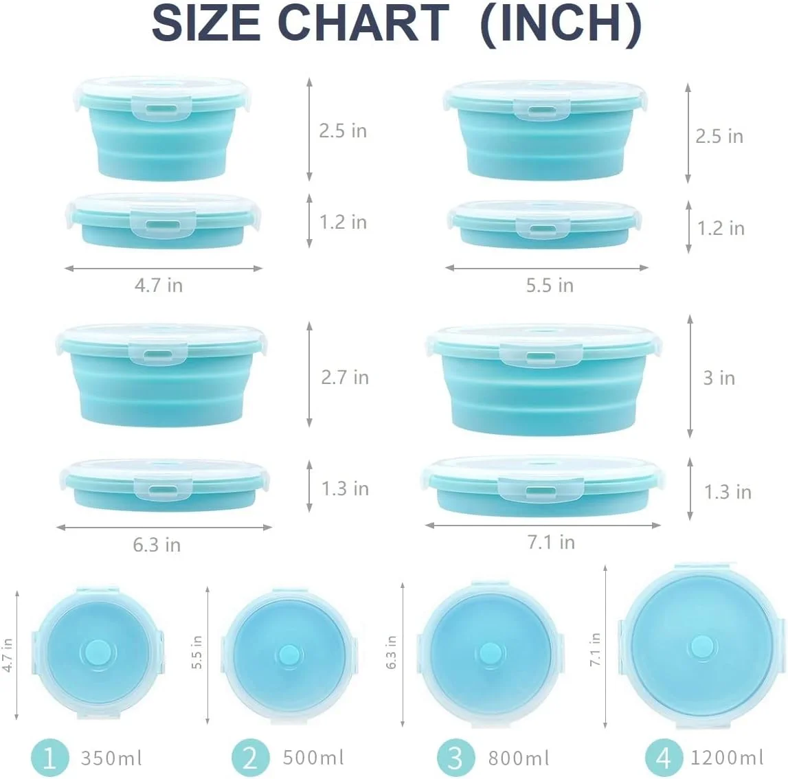 ست 4 تایی کاسه های تاشو سیلیکونی گرد با درب، مناسب برای کمپینگ، نگهداری و نظم دهی وسایل آشپزخانه در سفر و RV، لوازم جانبی آبی رنگ