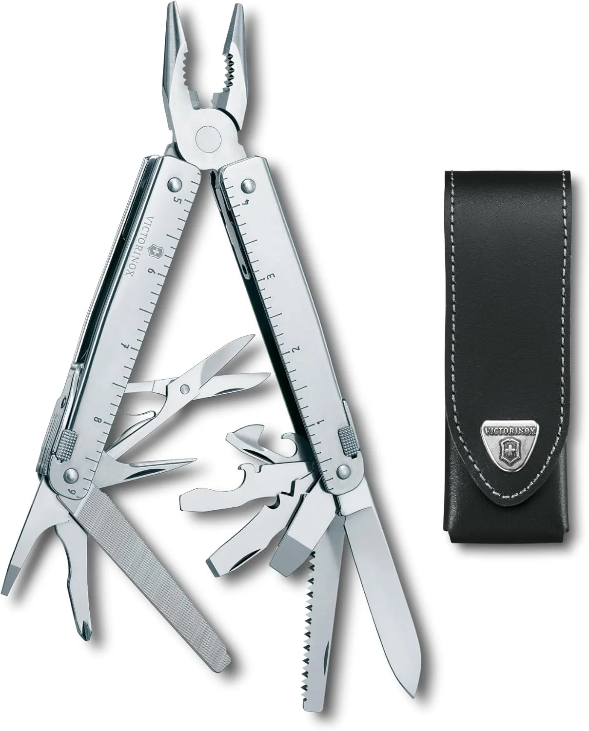 چاقوی جیبی ارتشی سوئیسی Victorinox Swiss Tool، بزرگ، ابزار چند منظوره، 28 عملکرد، تیغه قفل شونده، کیف، نقره ای، کوچک
