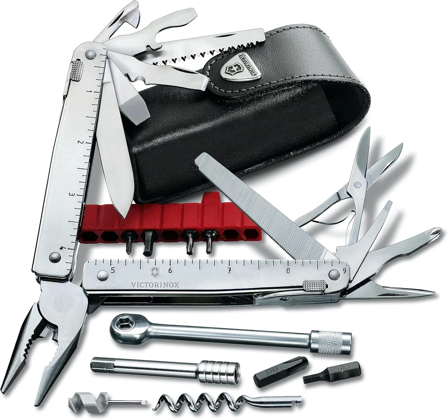چاقوی جیبی چندکاره بزرگ Victorinox Swiss Tool X Plus Ratchet، ابزار چندگانه، 38 عملکرد، تیغه قفل شونده، کیف، نقره ای