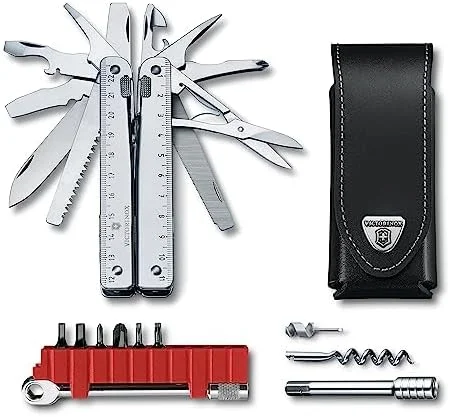 چاقوی جیبی چندکاره بزرگ Victorinox Swiss Tool X Plus Ratchet، ابزار چندگانه، 38 عملکرد، تیغه قفل شونده، کیف، نقره ای
