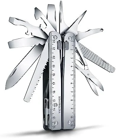 چاقوی جیبی چندکاره بزرگ Victorinox Swiss Tool X Plus Ratchet، ابزار چندگانه، 38 عملکرد، تیغه قفل شونده، کیف، نقره ای