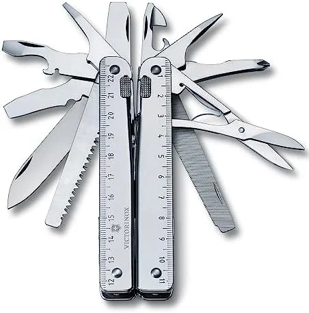 چاقوی جیبی چندکاره بزرگ Victorinox Swiss Tool X Plus Ratchet، ابزار چندگانه، 38 عملکرد، تیغه قفل شونده، کیف، نقره ای