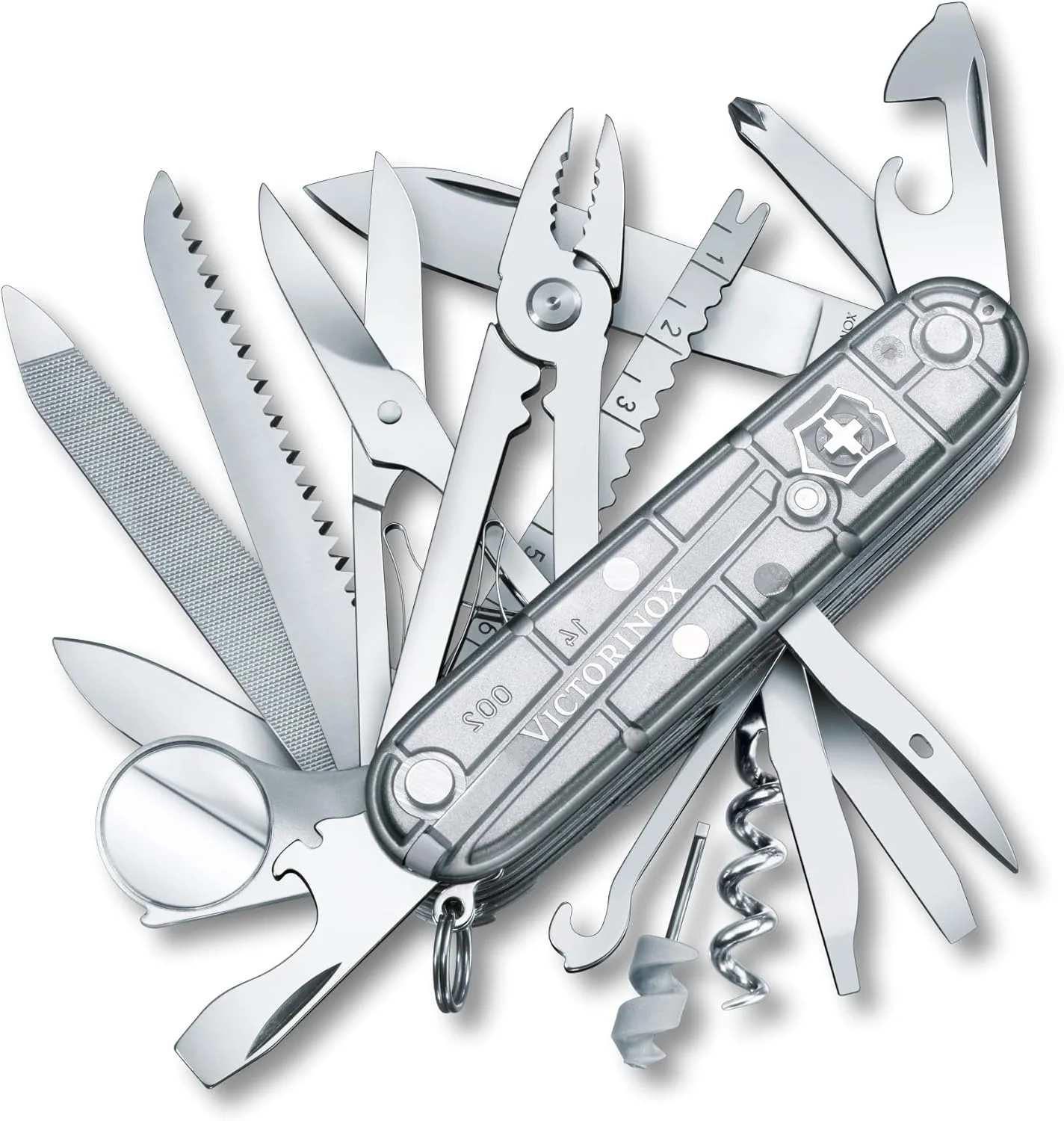 چاقوی جیبی سوئیسی Victorinox Swiss Champ، متوسط، ابزار چند منظوره، 31 عملکرد، تیغه، قیچی، Silvertech