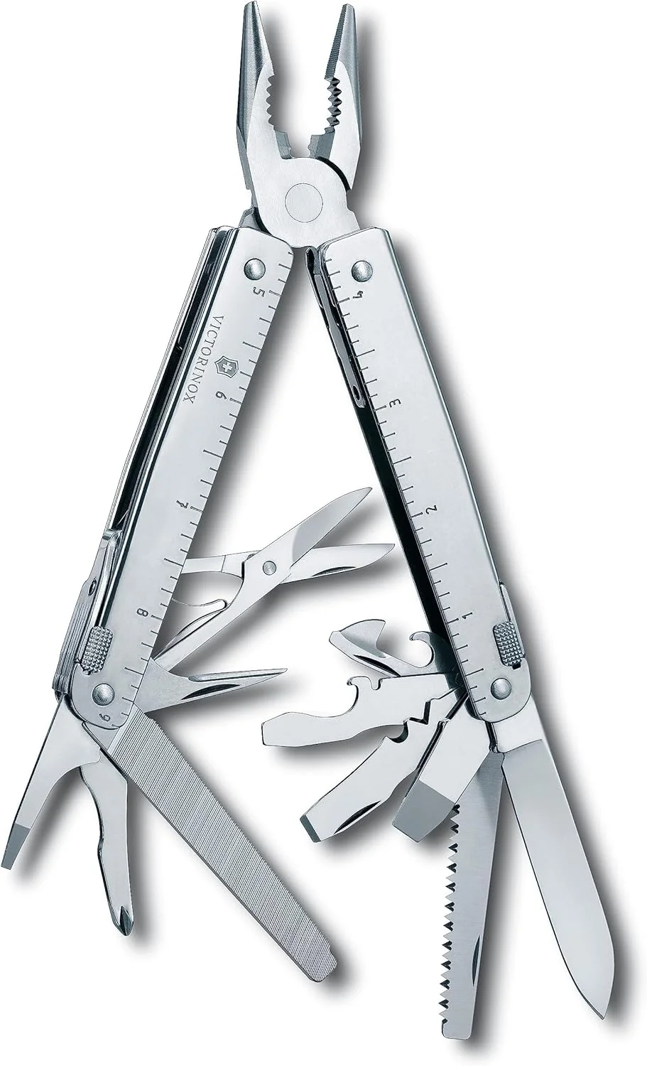 چاقوی جیبی چندکاره بزرگ Victorinox Swiss Tool X Plus Ratchet، ابزار چندگانه، 38 عملکرد، تیغه قفل شونده، کیف، نقره ای