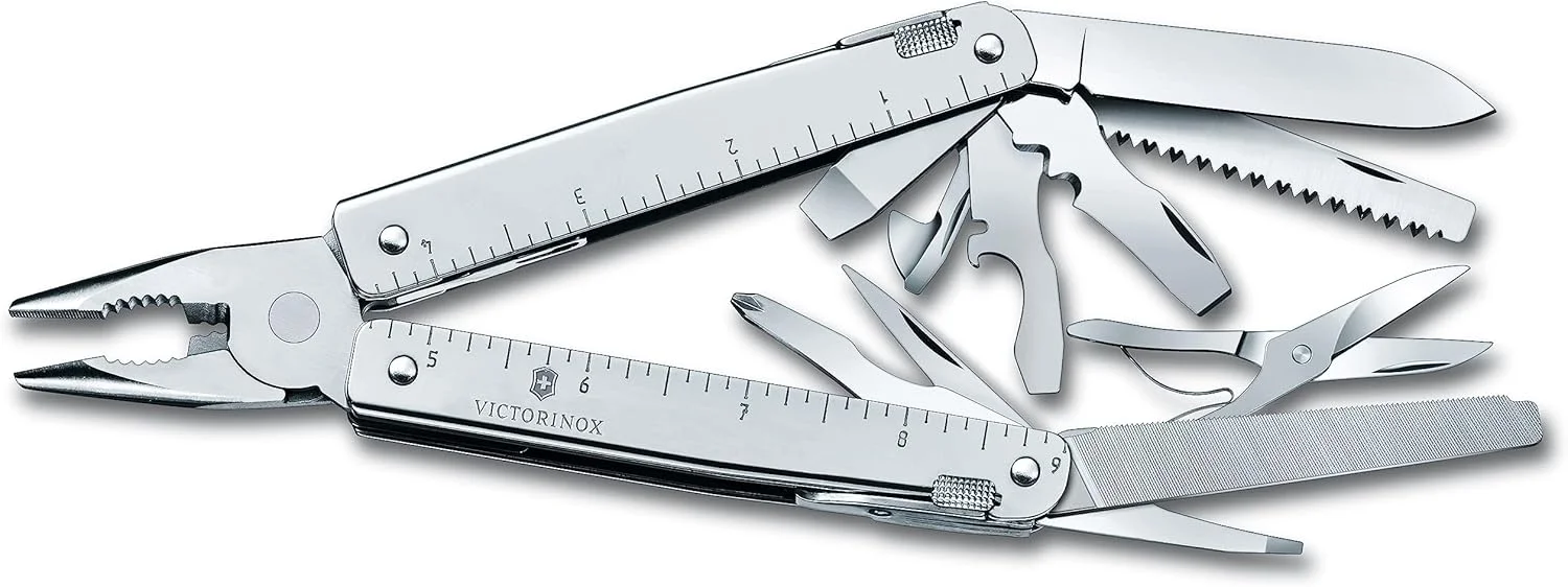 چاقوی جیبی چندکاره بزرگ Victorinox Swiss Tool X Plus Ratchet، ابزار چندگانه، 38 عملکرد، تیغه قفل شونده، کیف، نقره ای