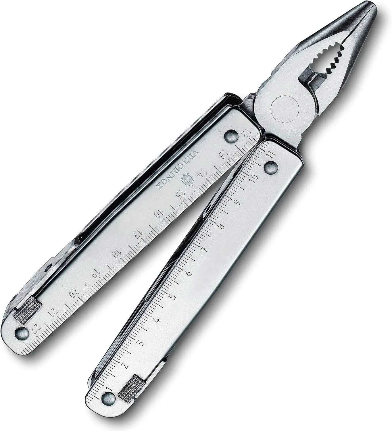 چاقوی جیبی چندکاره بزرگ Victorinox Swiss Tool X Plus Ratchet، ابزار چندگانه، 38 عملکرد، تیغه قفل شونده، کیف، نقره ای