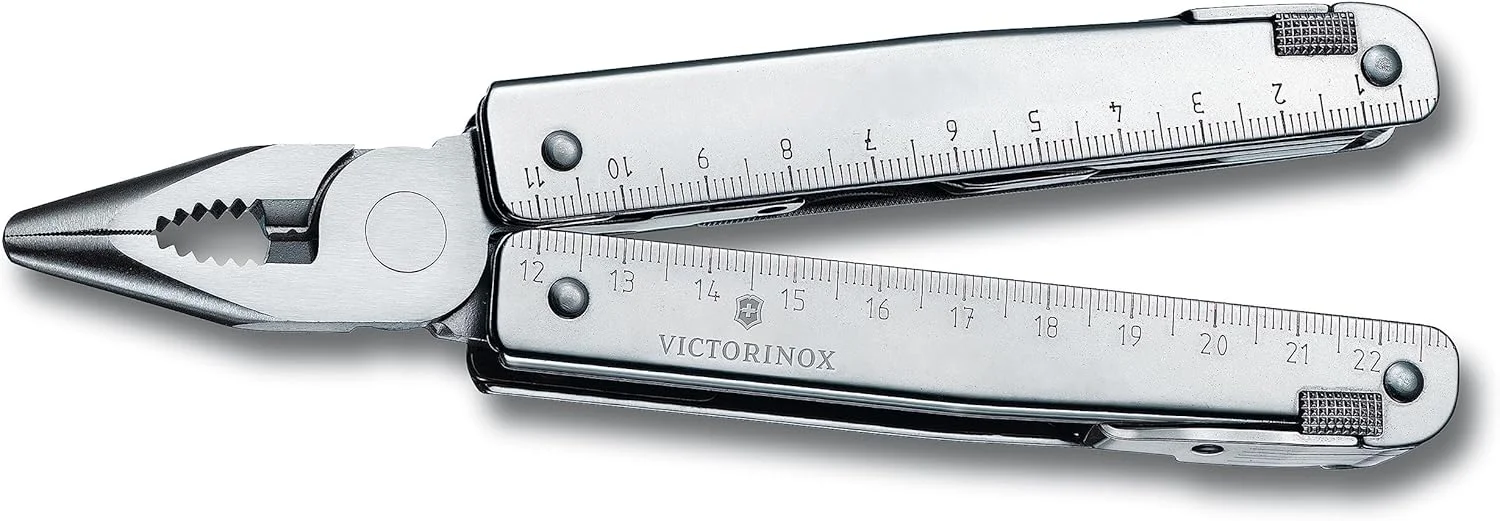 چاقوی جیبی چندکاره بزرگ Victorinox Swiss Tool X Plus Ratchet، ابزار چندگانه، 38 عملکرد، تیغه قفل شونده، کیف، نقره ای