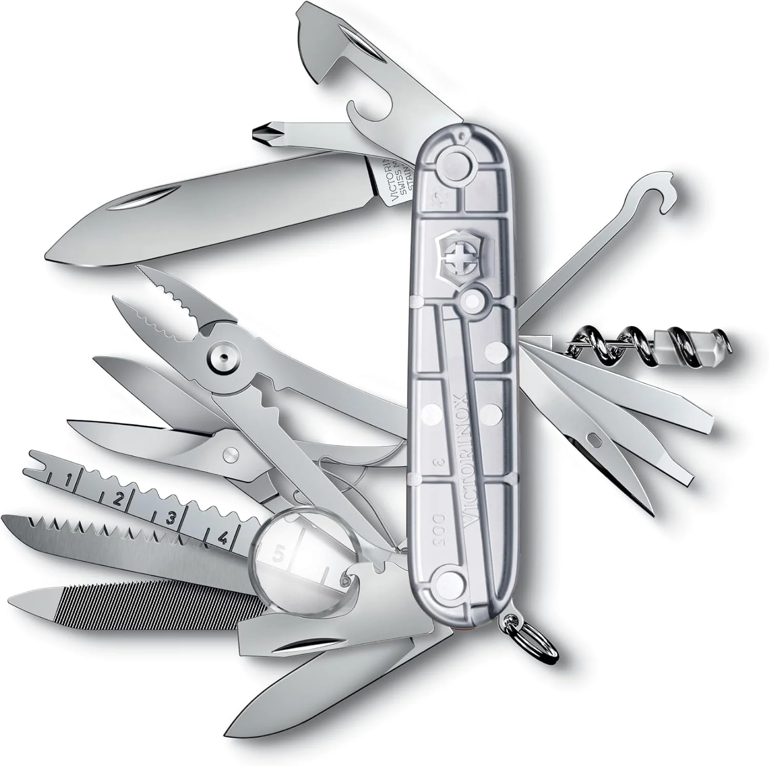 چاقوی جیبی سوئیسی Victorinox Swiss Champ، متوسط، ابزار چند منظوره، 31 عملکرد، تیغه، قیچی، Silvertech