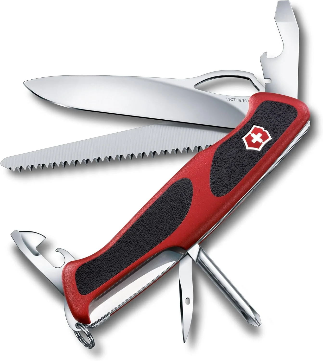 چاقوی جیبی ارتشی سوئیسی Victorinox Ranger Grip 78، بزرگ، ابزار چندگانه، 12 عملکرد، تیغه قفل شونده، یک دست، قرمز/مشکی