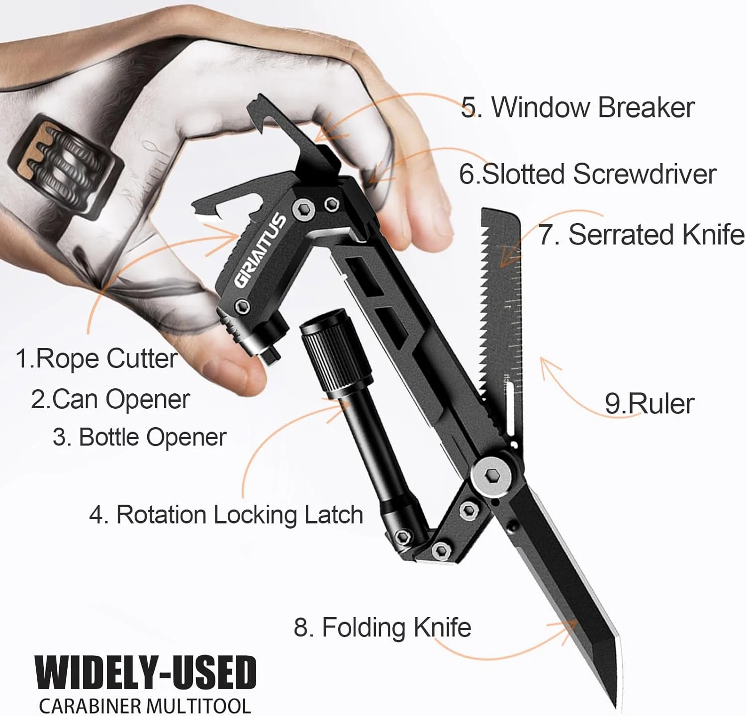 ابزار چندکاره کارابین GIRIAITUS 8 در 1 EDC، چاقوی جیبی، چاقوی دندانه‌دار، طناب بر، پیچ گوشتی، درب بازکن قوطی و بطری، خط کش، ابزار بقا برای کمپینگ و کوهنوردی، هدیه برای مردان
