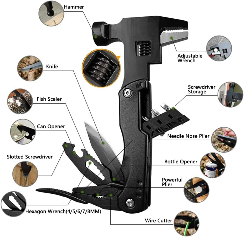 آچار فرانسه قابل تنظیم MIKUER، چکش چندکاره برای بقا، ابزار فرار اضطراری 14 در 1 با چاقو، انبردست، پیچ گوشتی، اره، فلس گیر ماهی، آچار، درب بازکن بطری، همه در یک، ایده آل برای فضای باز، کمپینگ، پیاده روی