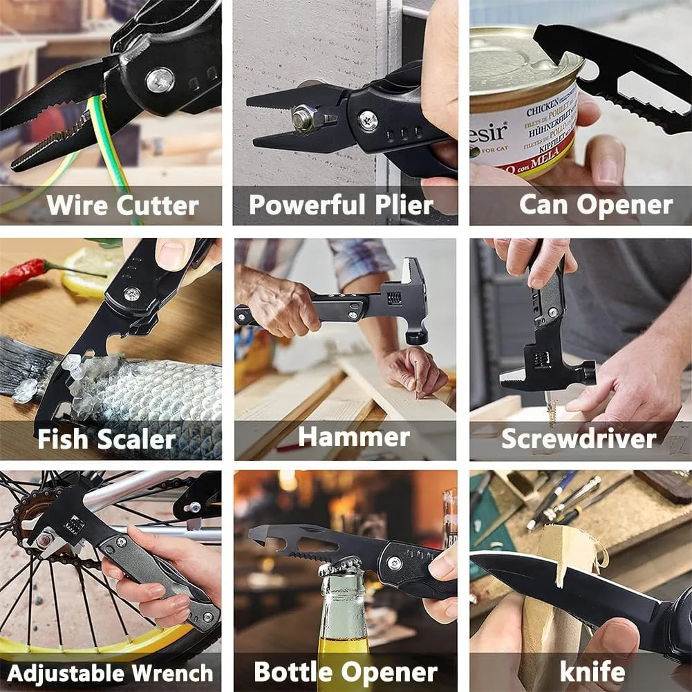 آچار فرانسه قابل تنظیم MIKUER، چکش چندکاره برای بقا، ابزار فرار اضطراری 14 در 1 با چاقو، انبردست، پیچ گوشتی، اره، فلس گیر ماهی، آچار، درب بازکن بطری، همه در یک، ایده آل برای فضای باز، کمپینگ، پیاده روی