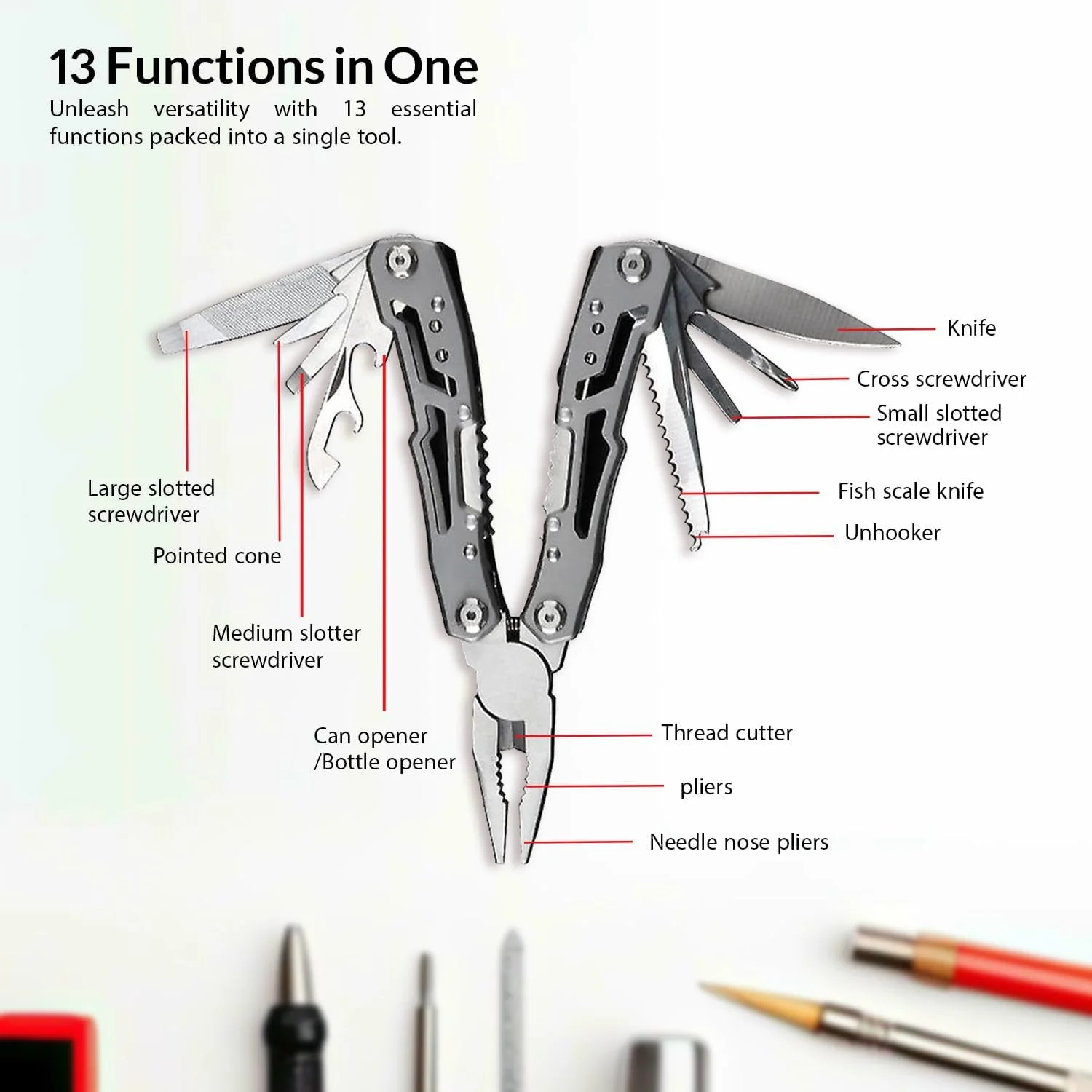 انبردست چندکاره تاشو استیل ضد زنگ 14 در 1 LEVADA PLUS به همراه چاقو، پیچ گوشتی، اره، درب بازکن - ابزار EDC فشرده و مقاوم برای کمپینگ، پیاده روی، بقا، ماهیگیری، تعمیرات، هدیه برای آقایان