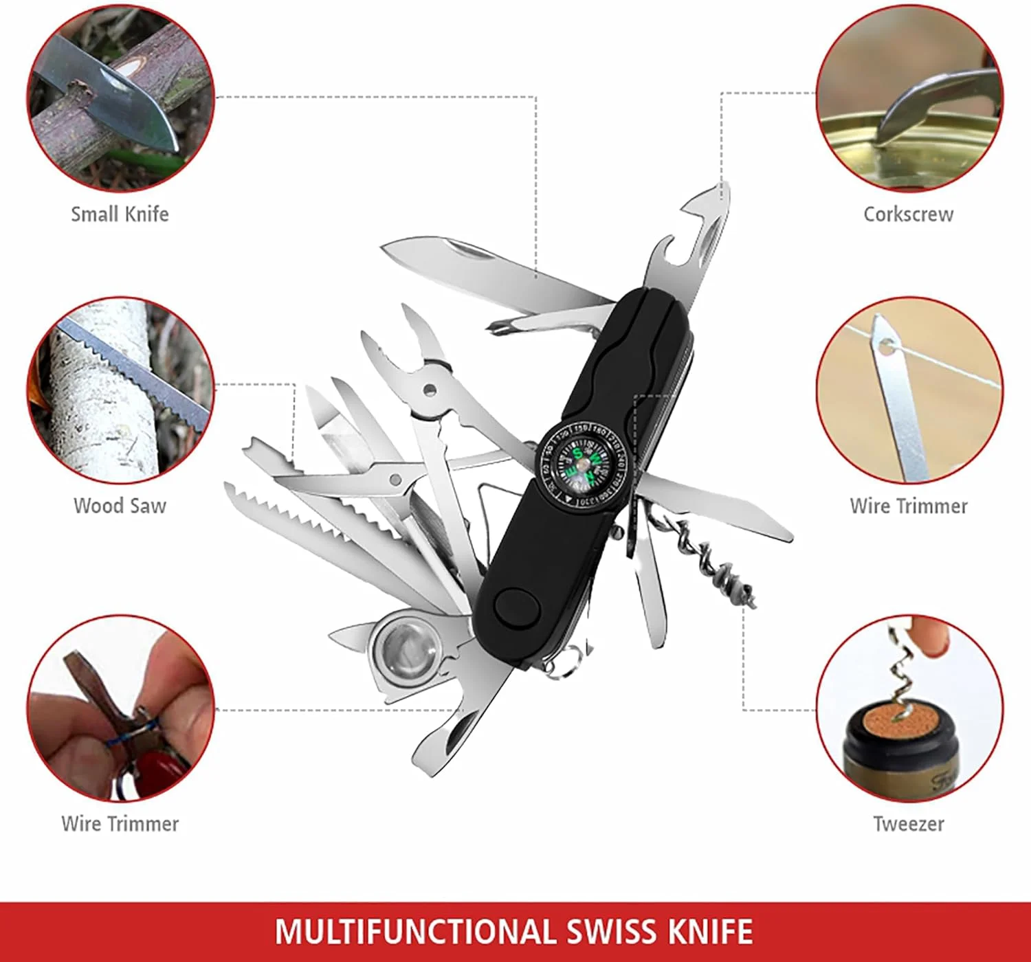 چاقوی جیبی چندکاره Swiss Eagle Ranger با قطب نما و 30 ابزار در یک جا