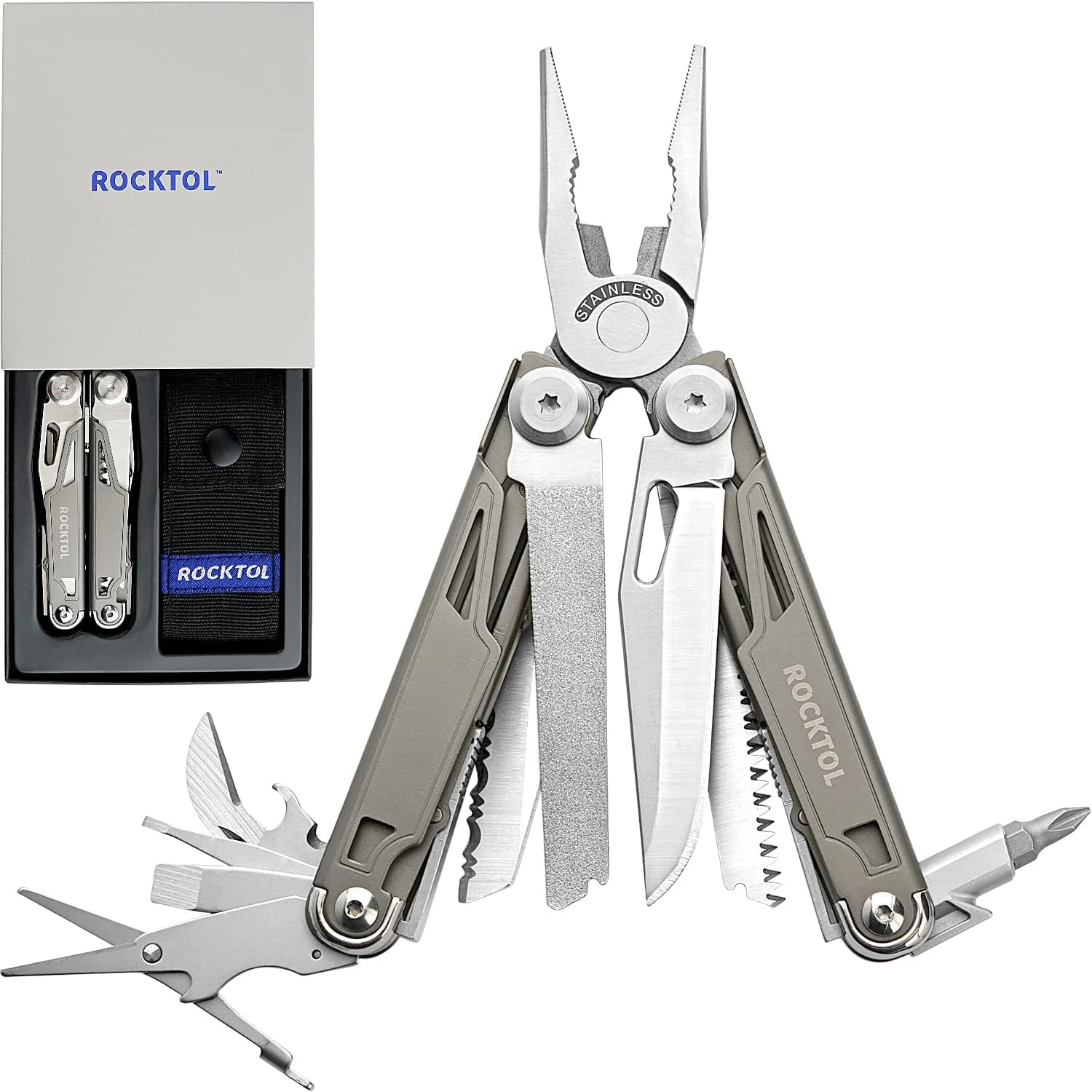 ابزار چندکاره ROCKTOL، انبردست چندکاره 19 در 1 با دسته روکش تیتانیومی، قفل ایمنی، ابزار EDC سبک وزن و غلاف نایلونی برای مردان، بقا در فضای باز، پیاده روی، کمپینگ