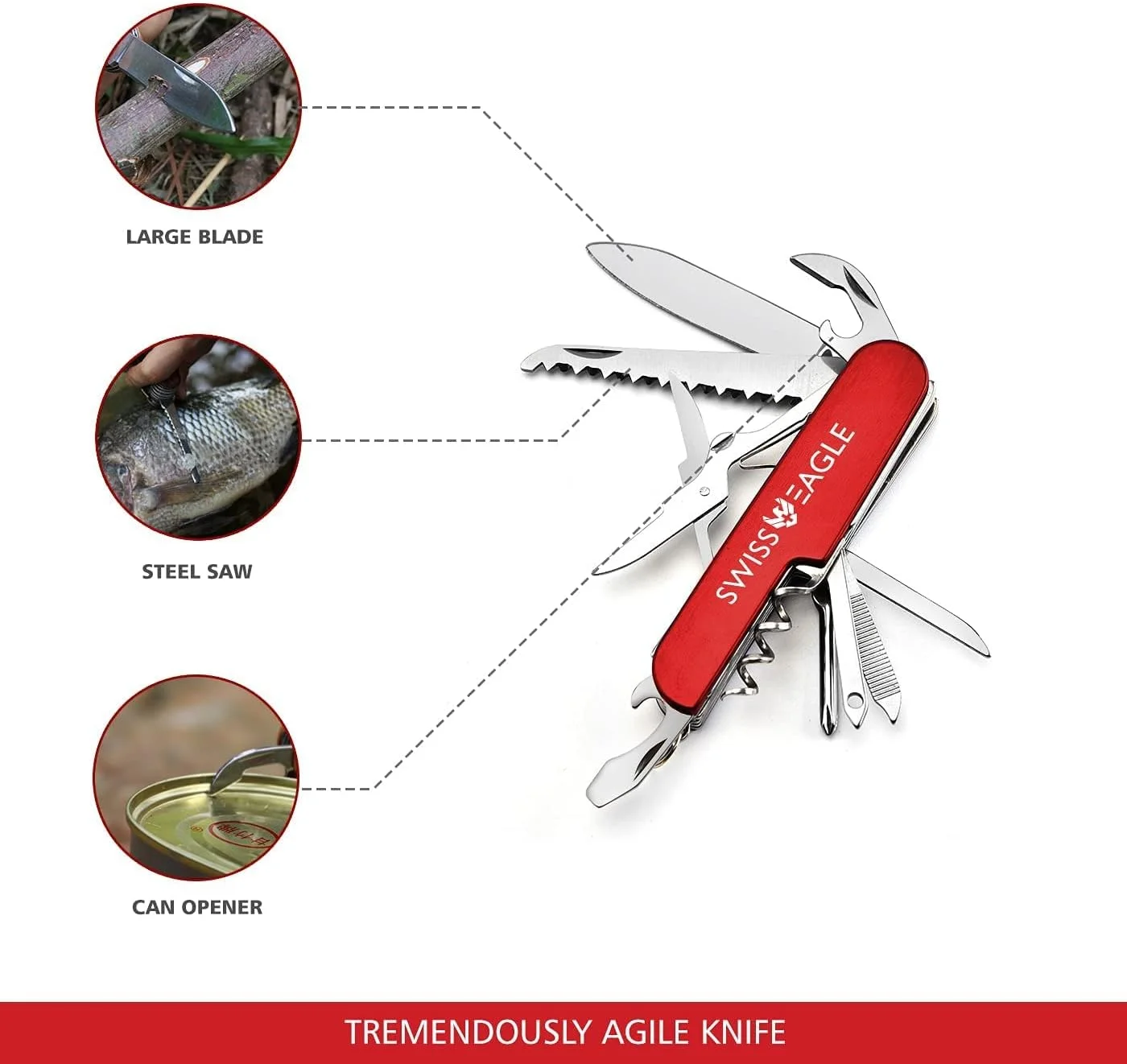 چاقوی ارتشی چندکاره Swiss Eagle - شامل 11 ابزار در جیب شما (قرمز 2)