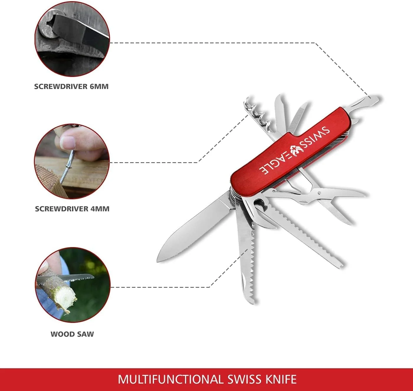 چاقوی ارتشی چندکاره Swiss Eagle - شامل 11 ابزار در جیب شما (قرمز 2)